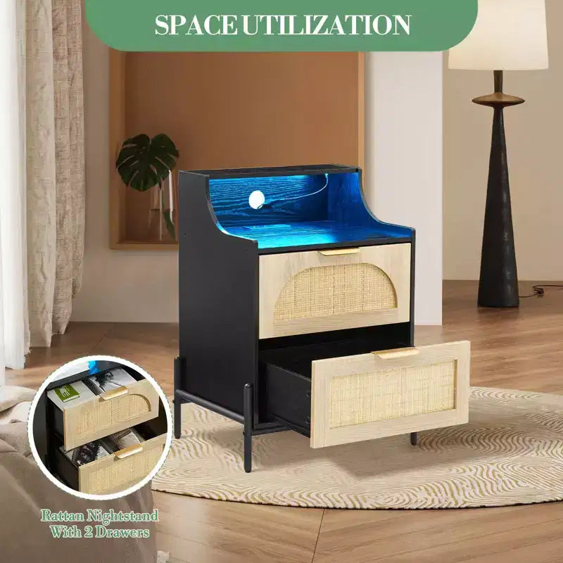 Wood Curved-Edge Bedside Table with Light, Three-Drawer Bedroom/Living Room Accent Table, Natural Compact Nightstand