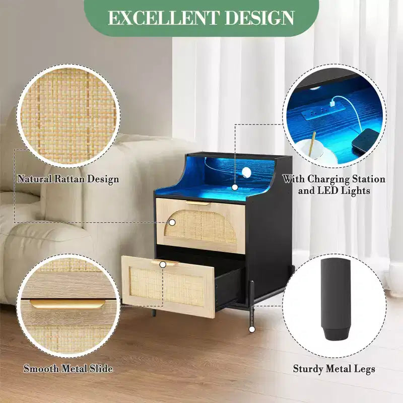 Wood Curved-Edge Bedside Table with Light, Three-Drawer Bedroom/Living Room Accent Table, Natural Compact Nightstand