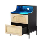 Wood Curved-Edge Bedside Table with Light, Three-Drawer Bedroom/Living Room Accent Table, Natural Compact Nightstand