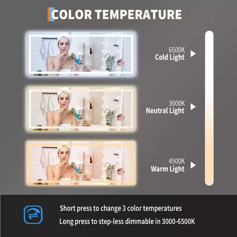 24x32 inch bathroom mirror, dimmable, dual front and rear lights, memory function, anti-fog and shatterproof, can be used horizontally or vertically.
