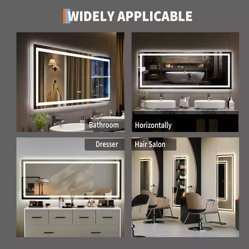 24x32 inch bathroom mirror, dimmable, dual front and rear lights, memory function, anti-fog and shatterproof, can be used horizontally or vertically.