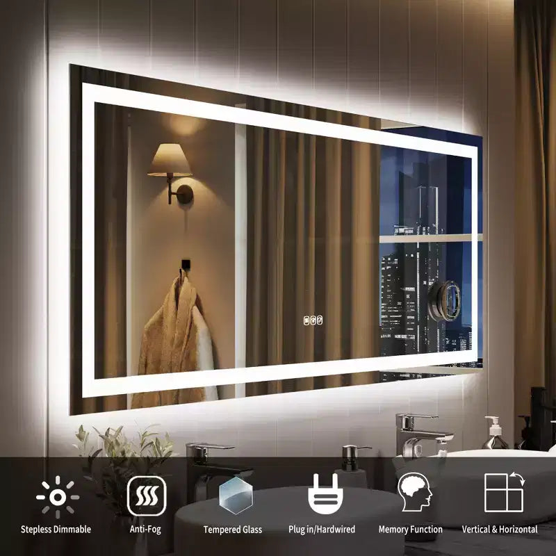 24x32 inch bathroom mirror, dimmable, dual front and rear lights, memory function, anti-fog and shatterproof, can be used horizontally or vertically.