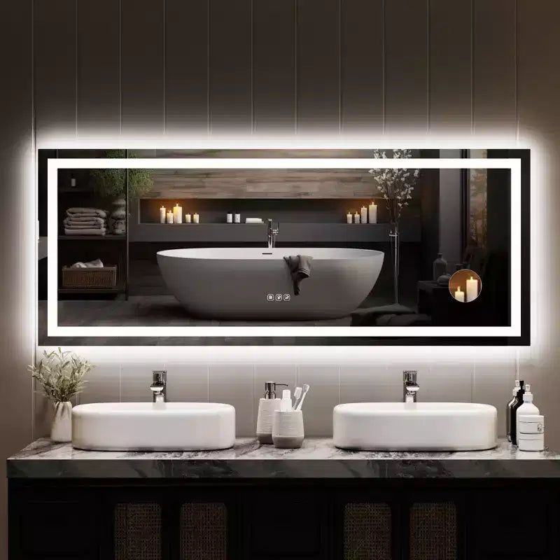 24x32 inch bathroom mirror, dimmable, dual front and rear lights, memory function, anti-fog and shatterproof, can be used horizontally or vertically.