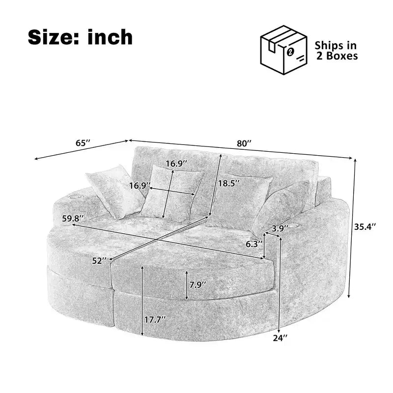 80 Curved Chaise Lounge Sofa & Boneless Couch, Full-Compressed Sofa Bed with Two Cup Holders