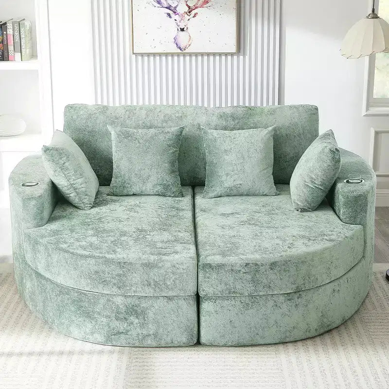 80 Curved Chaise Lounge Sofa & Boneless Couch, Full-Compressed Sofa Bed with Two Cup Holders