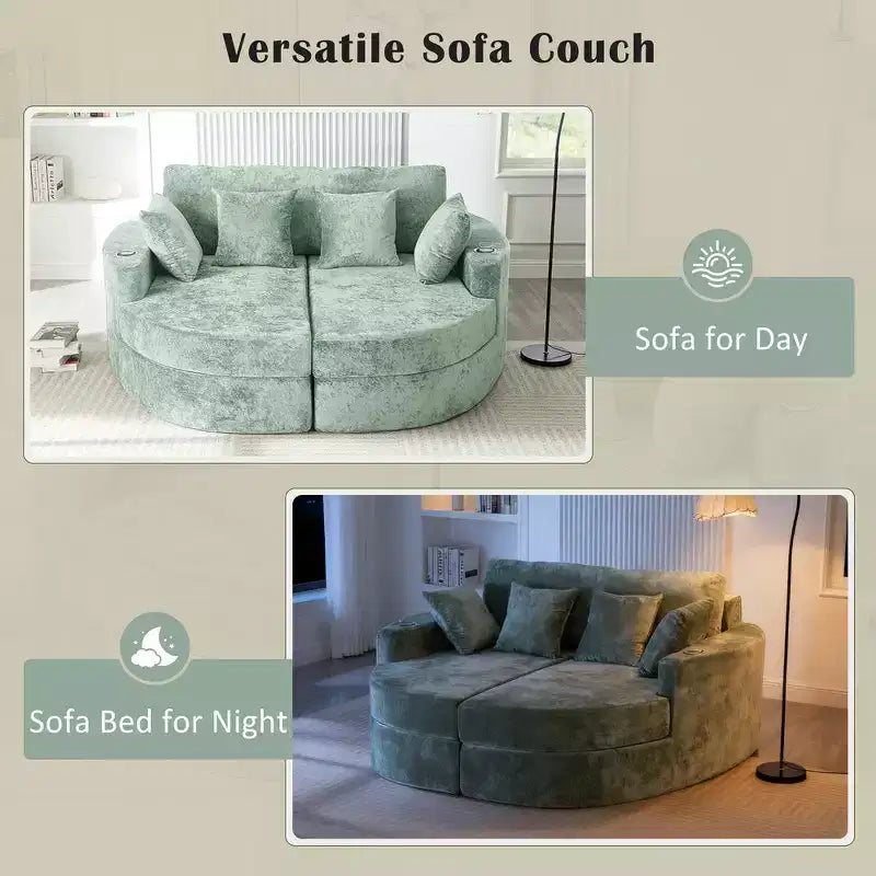 80 Curved Chaise Lounge Sofa & Boneless Couch, Full-Compressed Sofa Bed with Two Cup Holders