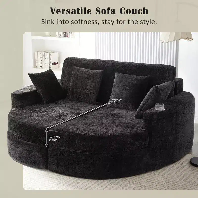 80 Curved Chaise Lounge Sofa & Boneless Couch, Full-Compressed Sofa Bed with Two Cup Holders