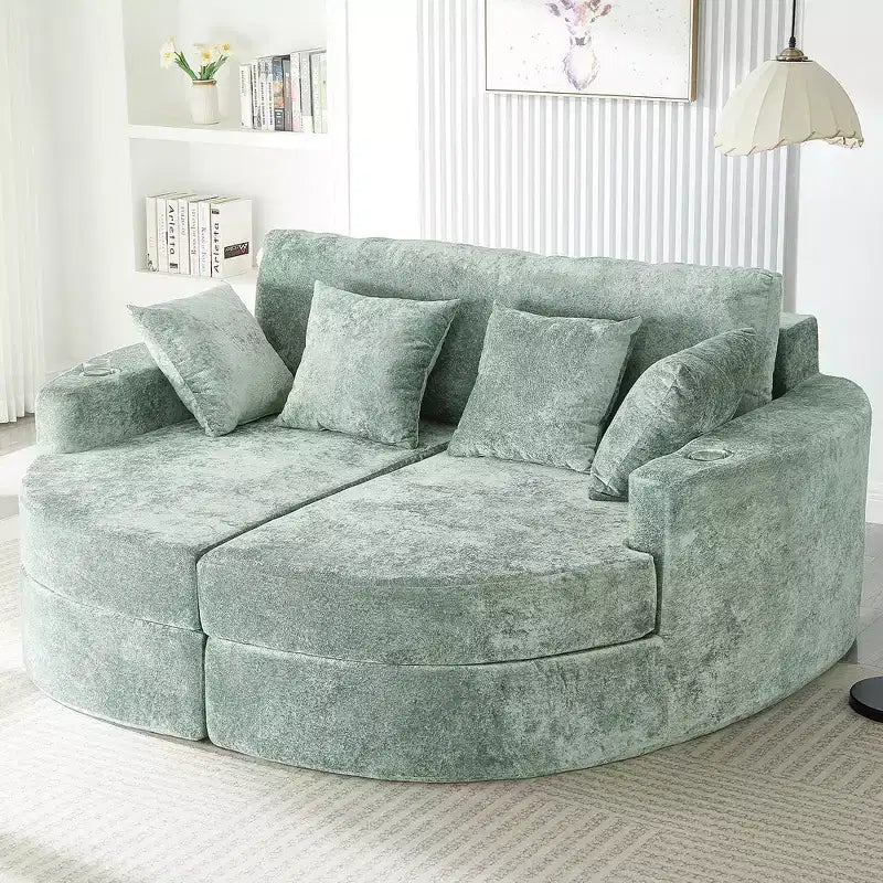 80 Curved Chaise Lounge Sofa & Boneless Couch, Full-Compressed Sofa Bed with Two Cup Holders