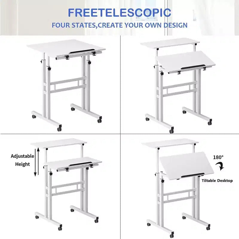 Home Office Small Standing Desk - Adjustable Height Mobile Computer Table with Wheels
