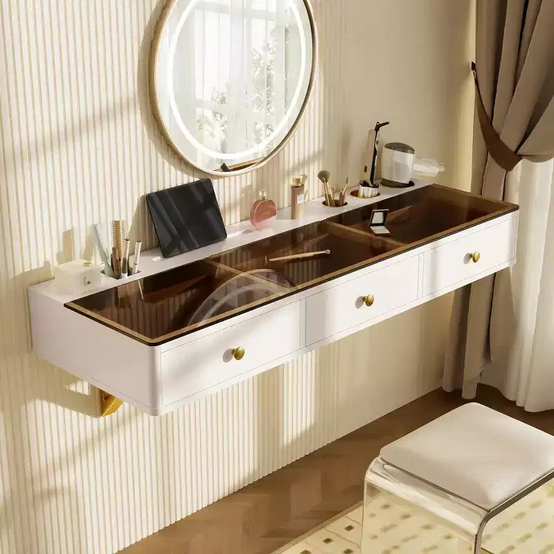 Floating Shelf with Drawer, Multi-Purpose Wall-Mounted Vanity Table, Mounted Desk, Floating Table for Bedroom, Bathroom, White and Golden