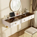 Floating Shelf with Drawer, Multi-Purpose Wall-Mounted Vanity Table, Mounted Desk, Floating Table for Bedroom, Bathroom, White and Golden