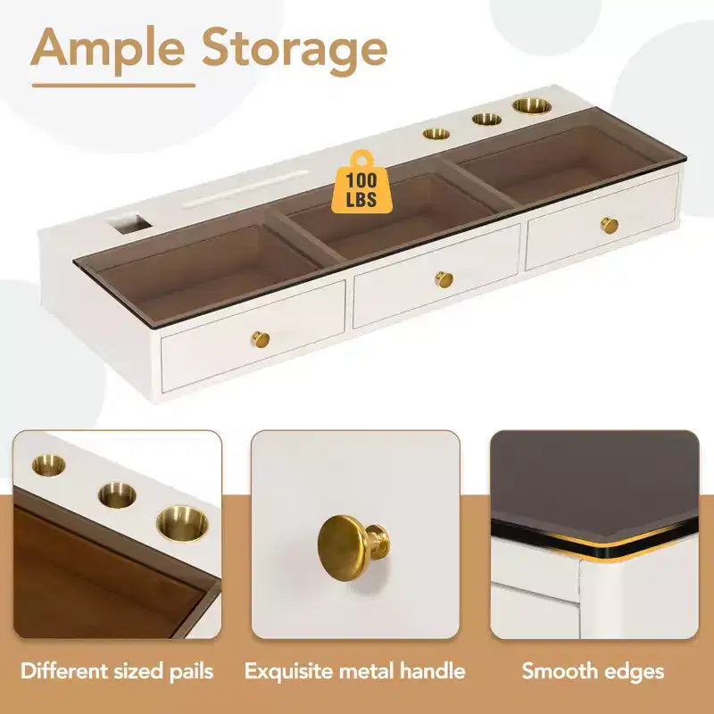 Floating Shelf with Drawer, Multi-Purpose Wall-Mounted Vanity Table, Mounted Desk, Floating Table for Bedroom, Bathroom, White and Golden