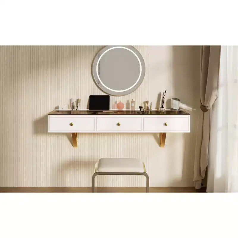 Floating Shelf with Drawer, Multi-Purpose Wall-Mounted Vanity Table, Mounted Desk, Floating Table for Bedroom, Bathroom, White and Golden