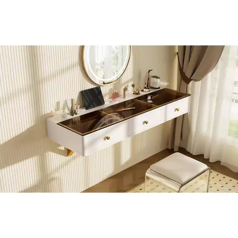 Floating Shelf with Drawer, Multi-Purpose Wall-Mounted Vanity Table, Mounted Desk, Floating Table for Bedroom, Bathroom, White and Golden