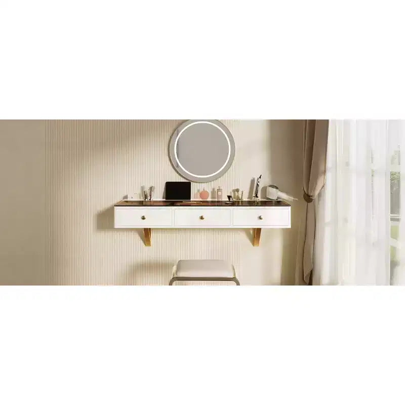 Floating Shelf with Drawer, Multi-Purpose Wall-Mounted Vanity Table, Mounted Desk, Floating Table for Bedroom, Bathroom, White and Golden