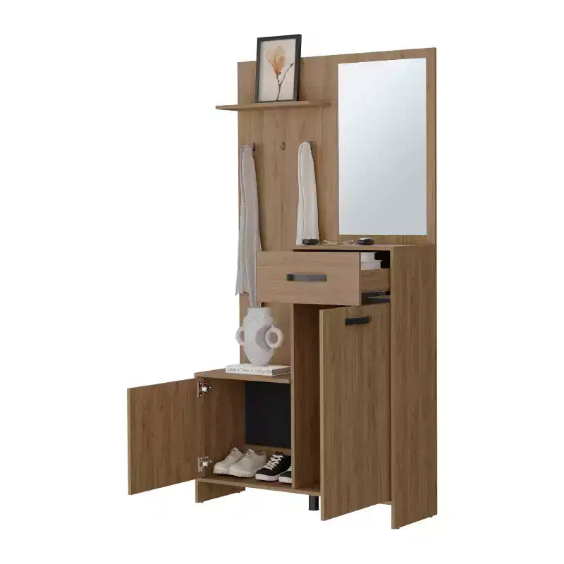 Modern Hall Tree with 3 Hooks and Mirror, Freestanding Coat Rack with Ample Storage, Coat Tree for Living Room, Bedroom, Light Oak