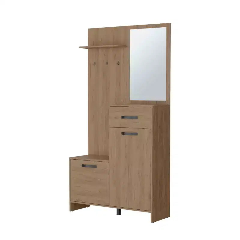 Modern Hall Tree with 3 Hooks and Mirror, Freestanding Coat Rack with Ample Storage, Coat Tree for Living Room, Bedroom, Light Oak