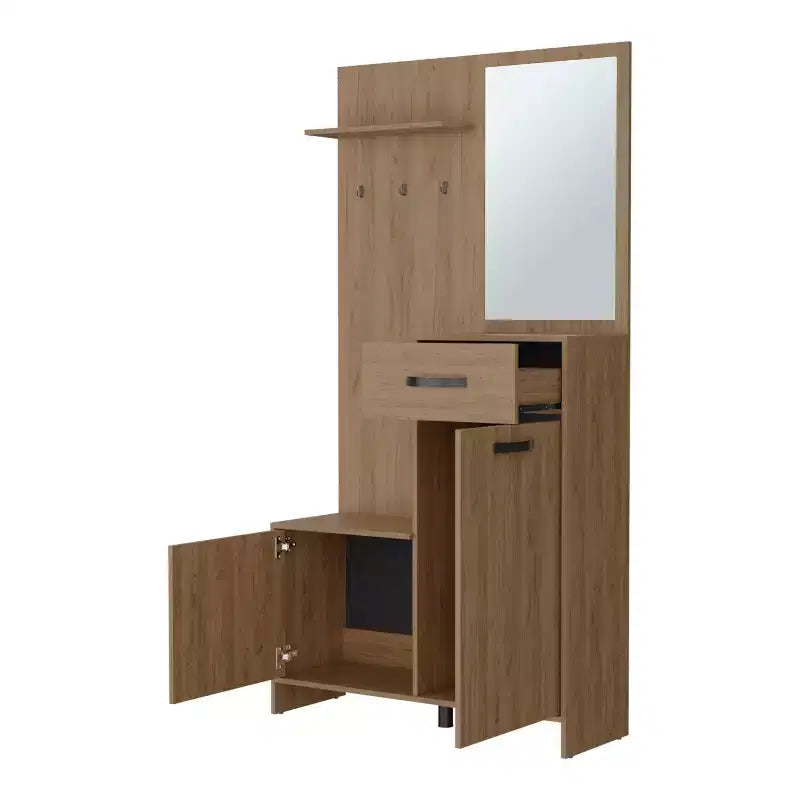 Modern Hall Tree with 3 Hooks and Mirror, Freestanding Coat Rack with Ample Storage, Coat Tree for Living Room, Bedroom, Light Oak