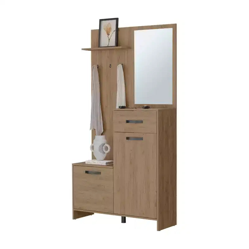Modern Hall Tree with 3 Hooks and Mirror, Freestanding Coat Rack with Ample Storage, Coat Tree for Living Room, Bedroom, Light Oak
