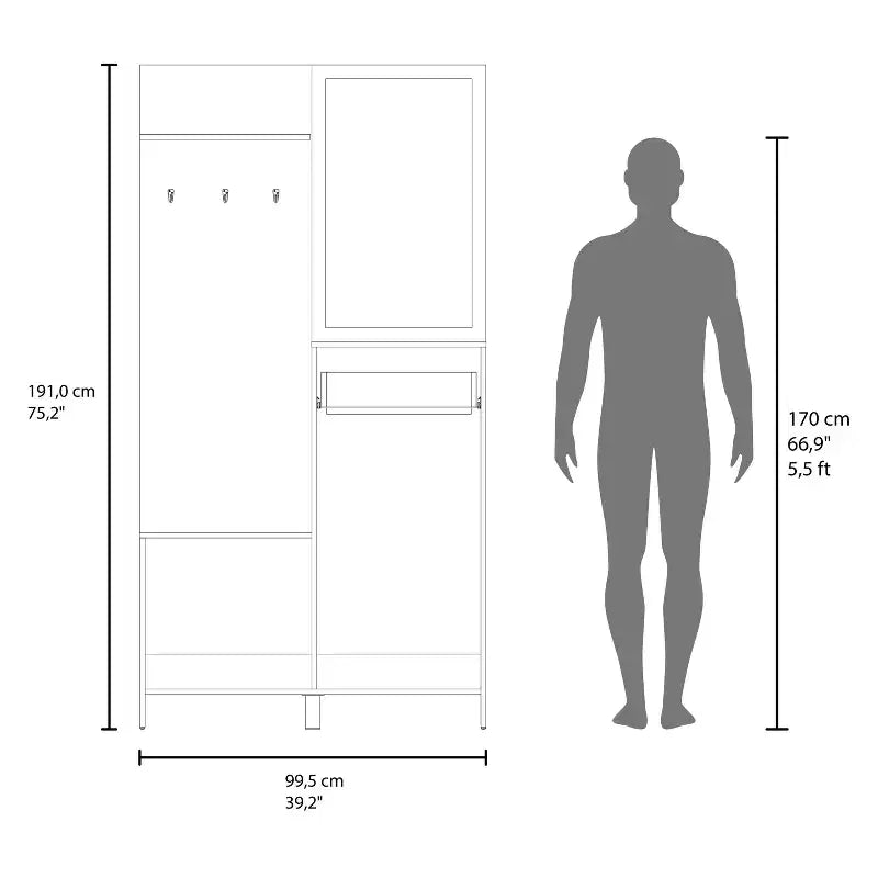 Modern Hall Tree with 3 Hooks and Mirror, Freestanding Coat Rack with Ample Storage, Coat Tree for Living Room, Bedroom, Light Oak