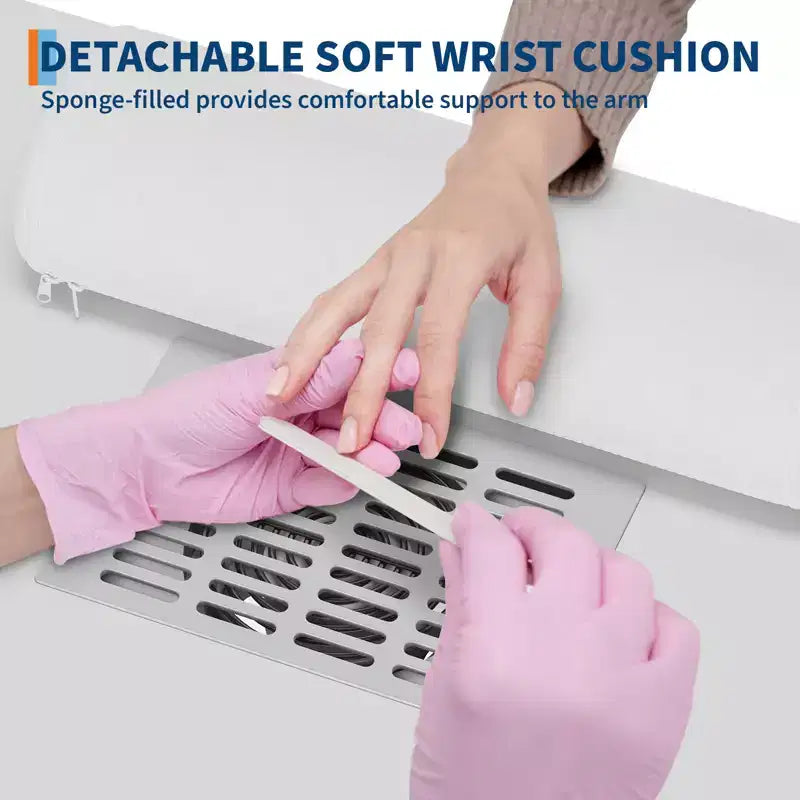 Manicure table with electric vacuum, dust bag, and wrist rest pad, featuring drawers and storage cabinets, suitable for hallways and entryways.