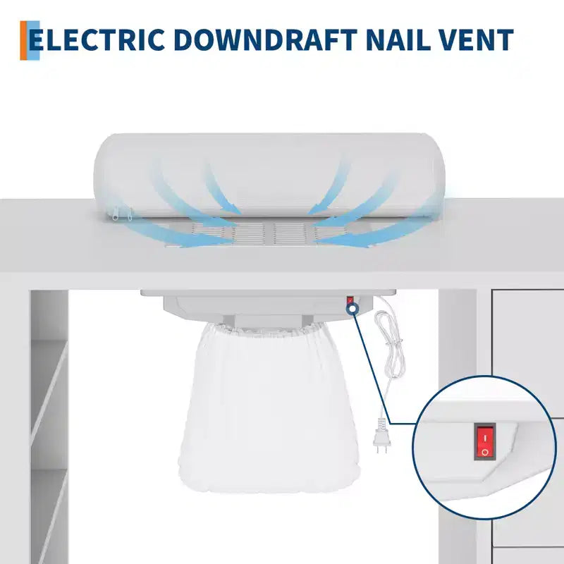 Manicure table with electric vacuum, dust bag, and wrist rest pad, featuring drawers and storage cabinets, suitable for hallways and entryways.