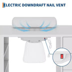 Manicure table with electric vacuum, dust bag, and wrist rest pad, featuring drawers and storage cabinets, suitable for hallways and entryways.