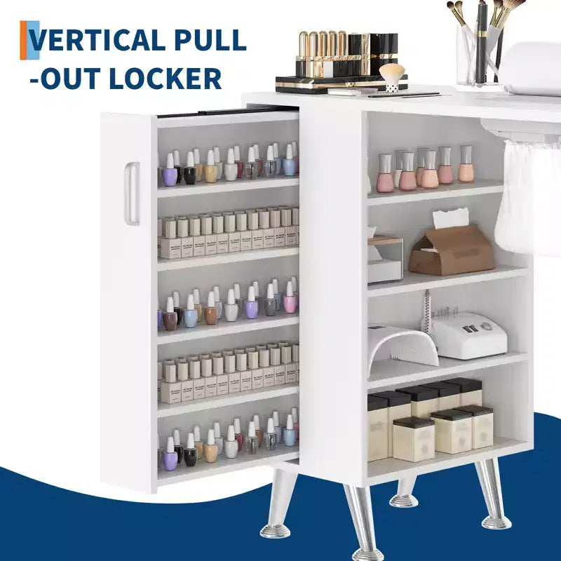 Manicure table with electric vacuum, dust bag, and wrist rest pad, featuring drawers and storage cabinets, suitable for hallways and entryways.