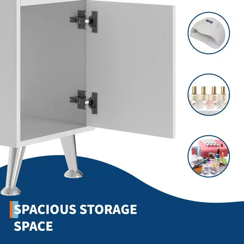Manicure table with electric vacuum, dust bag, and wrist rest pad, featuring drawers and storage cabinets, suitable for hallways and entryways.