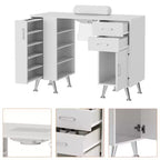 Manicure table with electric vacuum, dust bag, and wrist rest pad, featuring drawers and storage cabinets, suitable for hallways and entryways.