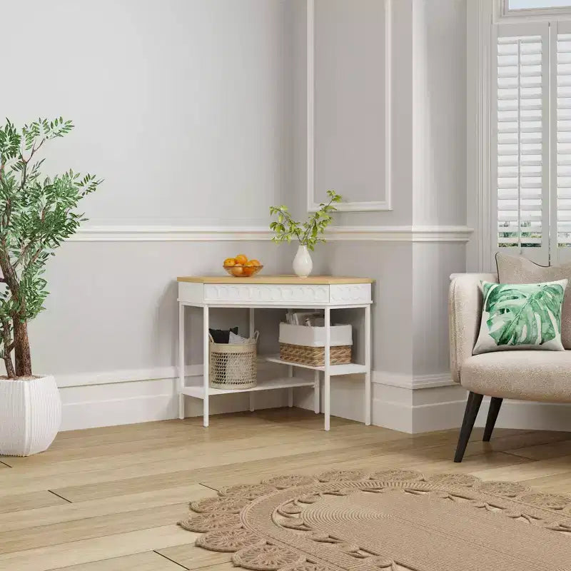 White & Oak Rotating Corner Side Table Curved Drawer + Open Shelves