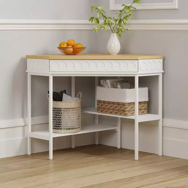 White & Oak Rotating Corner Side Table Curved Drawer + Open Shelves