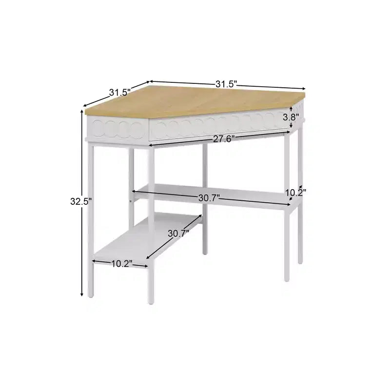 White & Oak Rotating Corner Side Table Curved Drawer + Open Shelves