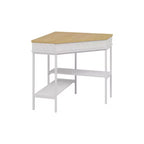 White & Oak Rotating Corner Side Table Curved Drawer + Open Shelves