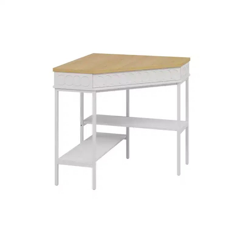 White & Oak Rotating Corner Side Table Curved Drawer + Open Shelves