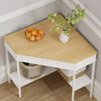 White & Oak Rotating Corner Side Table Curved Drawer + Open Shelves