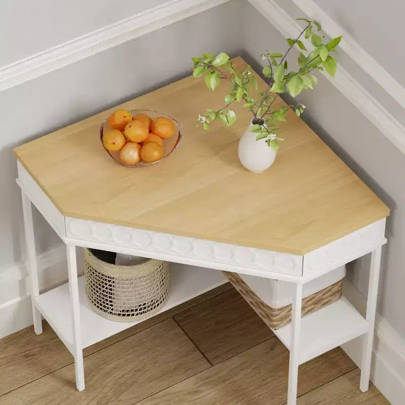 White & Oak Rotating Corner Side Table Curved Drawer + Open Shelves