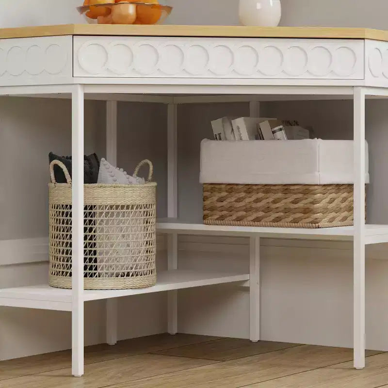 White & Oak Rotating Corner Side Table Curved Drawer + Open Shelves