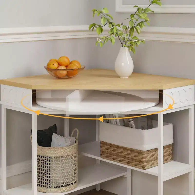 White & Oak Rotating Corner Side Table Curved Drawer + Open Shelves