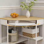 White & Oak Rotating Corner Side Table Curved Drawer + Open Shelves