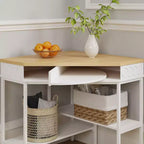 White & Oak Rotating Corner Side Table Curved Drawer + Open Shelves