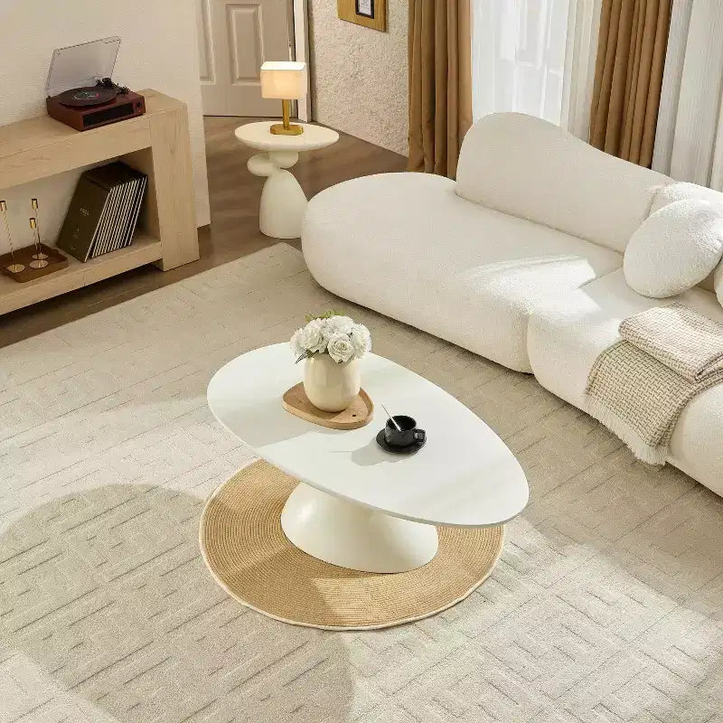 47" Oval Fiberglass Coffee Table with Sculptural Base, Milk White