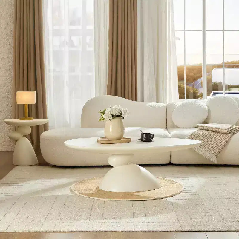 47" Oval Fiberglass Coffee Table with Sculptural Base, Milk White