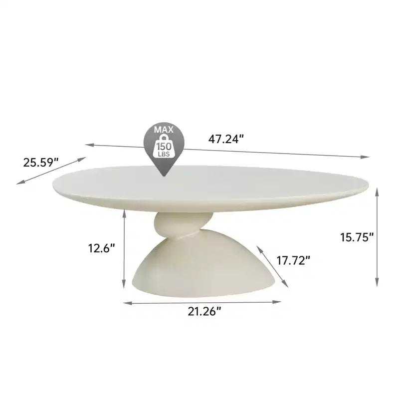 47" Oval Fiberglass Coffee Table with Sculptural Base, Milk White