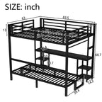 Queen Over Twin XL Metal Bunk Bed/Loft Bed with Desk and Shelves, Metal Bunk Bed Frame with LED and USB, Multiple Uses Folds into Sofa, Black