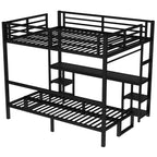 Queen Over Twin XL Metal Bunk Bed/Loft Bed with Desk and Shelves, Metal Bunk Bed Frame with LED and USB, Multiple Uses Folds into Sofa, Black