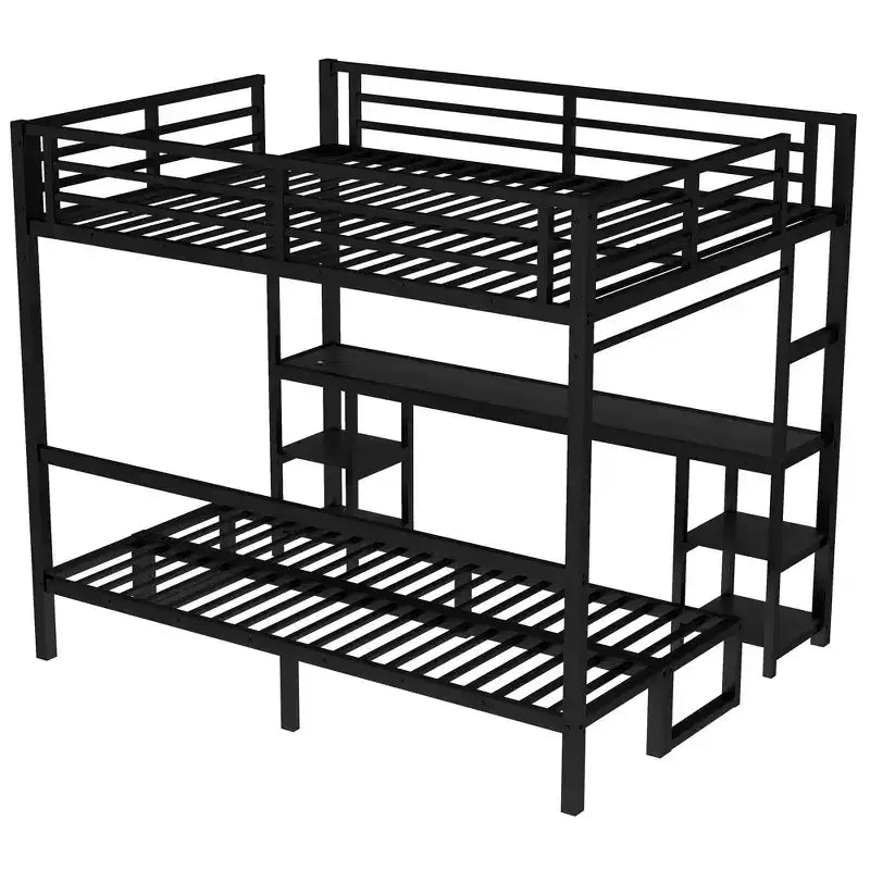 Queen Over Twin XL Metal Bunk Bed/Loft Bed with Desk and Shelves, Metal Bunk Bed Frame with LED and USB, Multiple Uses Folds into Sofa, Black