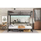 Queen Over Twin XL Metal Bunk Bed/Loft Bed with Desk and Shelves, Metal Bunk Bed Frame with LED and USB, Multiple Uses Folds into Sofa, Black