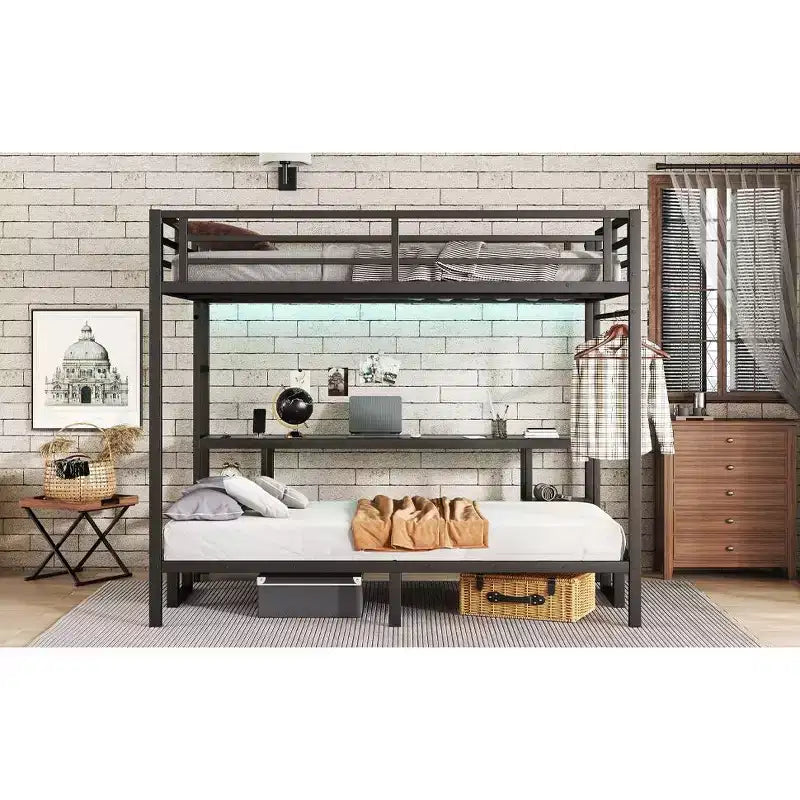 Queen Over Twin XL Metal Bunk Bed/Loft Bed with Desk and Shelves, Metal Bunk Bed Frame with LED and USB, Multiple Uses Folds into Sofa, Black
