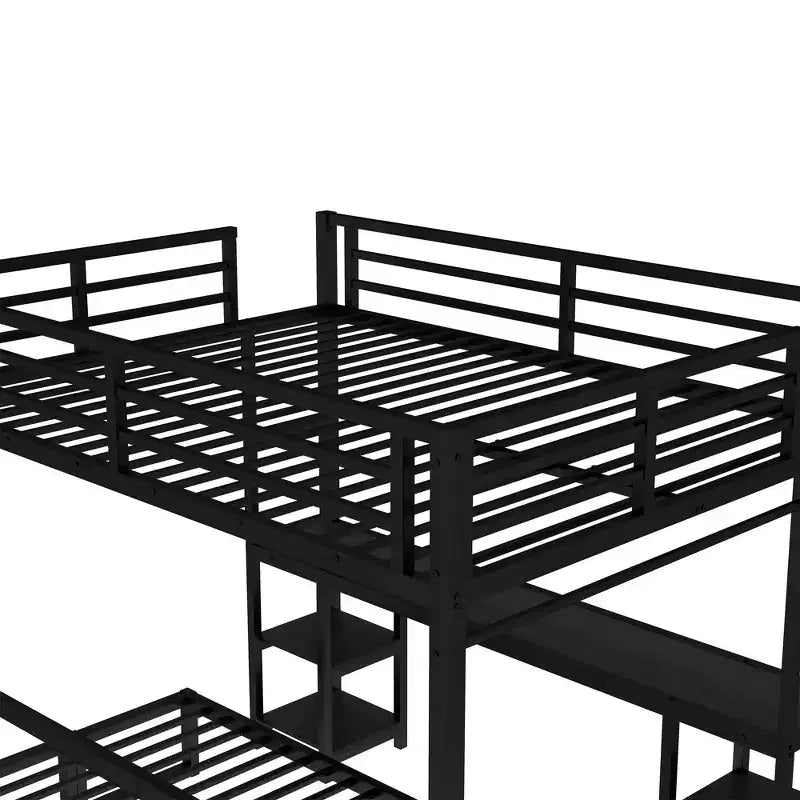 Queen Over Twin XL Metal Bunk Bed/Loft Bed with Desk and Shelves, Metal Bunk Bed Frame with LED and USB, Multiple Uses Folds into Sofa, Black